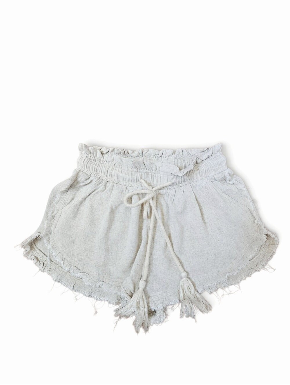 Whiteroom + Cactus Beige Linen Blend Paperbag Tassel Tie Boho Shorts, Size S